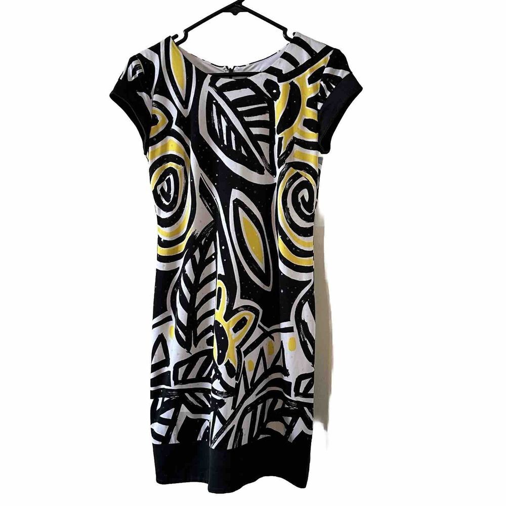 Cache Black White Yellow Leaf Short‎ Sheath Lined Dress Sequin Size 4 *READ*